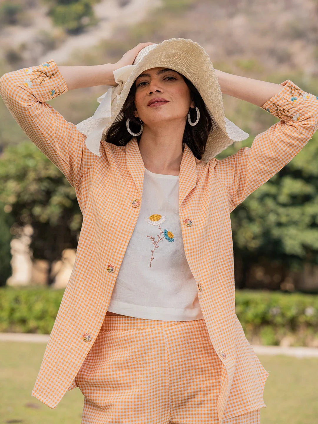 Yufta Weaved Cotton Checks Printed Co Ord Set With Embroidery - Distacart