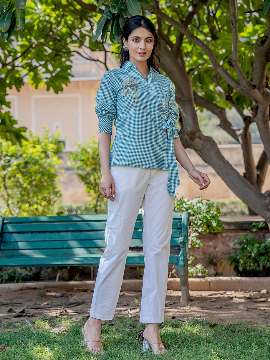 Yufta Weaved Sea Green Cotton Checks Printed Top With Embroidery - Distacart