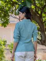 Thumbnail for Yufta Weaved Sea Green Cotton Checks Printed Top With Embroidery