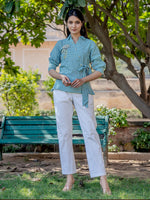 Thumbnail for Yufta Weaved Sea Green Cotton Checks Printed Top With Embroidery