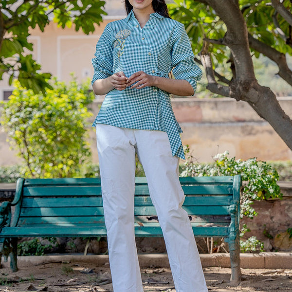 Yufta Weaved Sea Green Cotton Checks Printed Top With Embroidery - Distacart