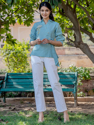 Yufta Weaved Sea Green Cotton Checks Printed Top With Embroidery