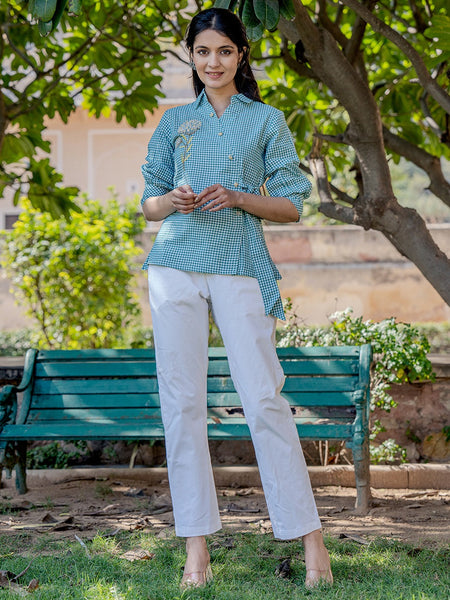 Yufta Weaved Sea Green Cotton Checks Printed Top With Embroidery