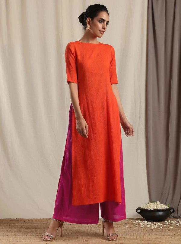 trueBrowns Orange Crinkle Slit Kurta Pant Set - Distacart