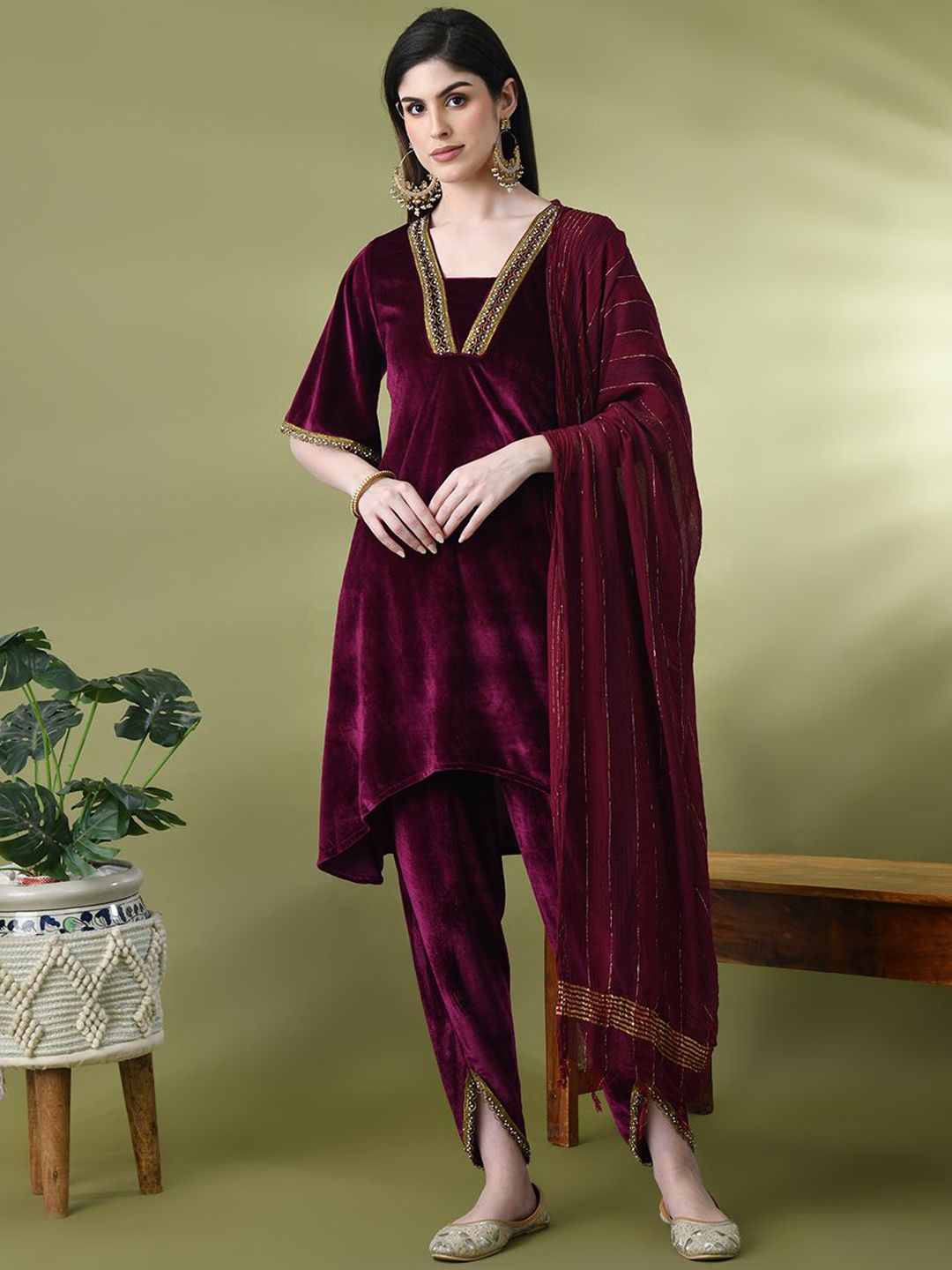 Sangria Yoke Design Velvet Kurta & Dhoti Pants With Dupatta - Distacart