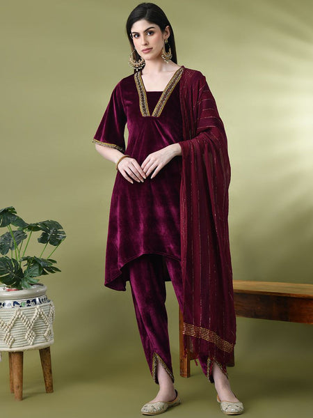 Sangria Yoke Design Velvet Kurta & Dhoti Pants With Dupatta
