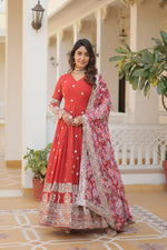 Thumbnail for Jyoti Fashion Women's Orange Faux Georgette Sequins Zari Embroideredy Anarkali Dress with Dupatta - Distacart