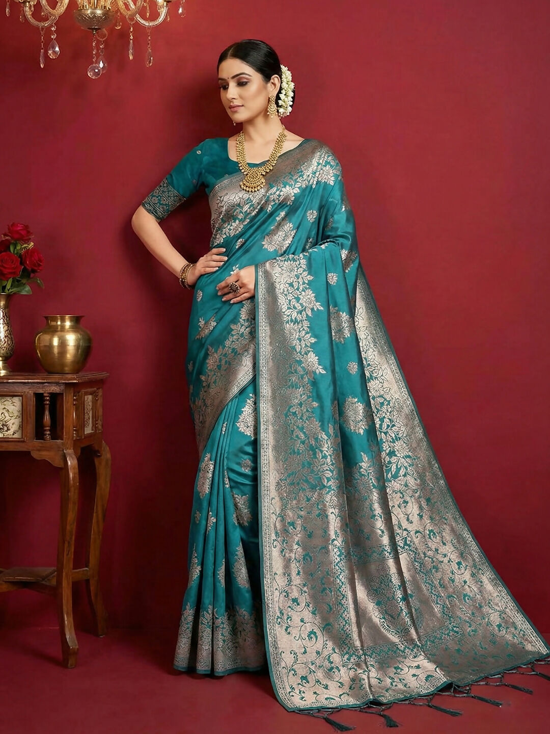 Astita Sea Green Silk Blend Saree - Distacart