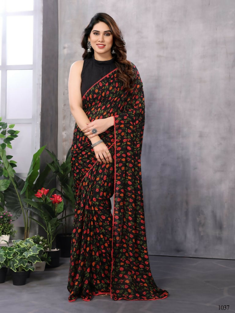 Partywear Designer Black & Red Georgette Fancy Saree - Satrangi - Distacart