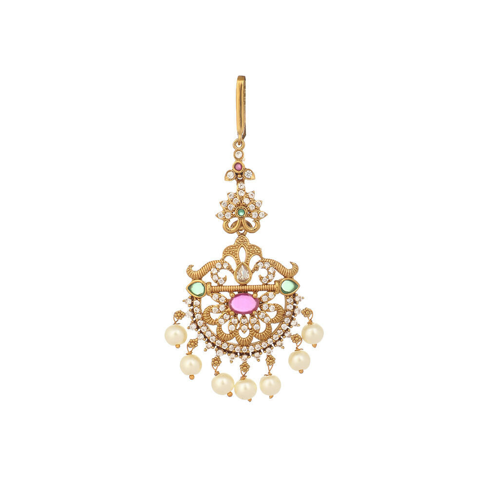 Nuyug 18K Gold Plated Ethereal Gulabi Stone Maang Tikka