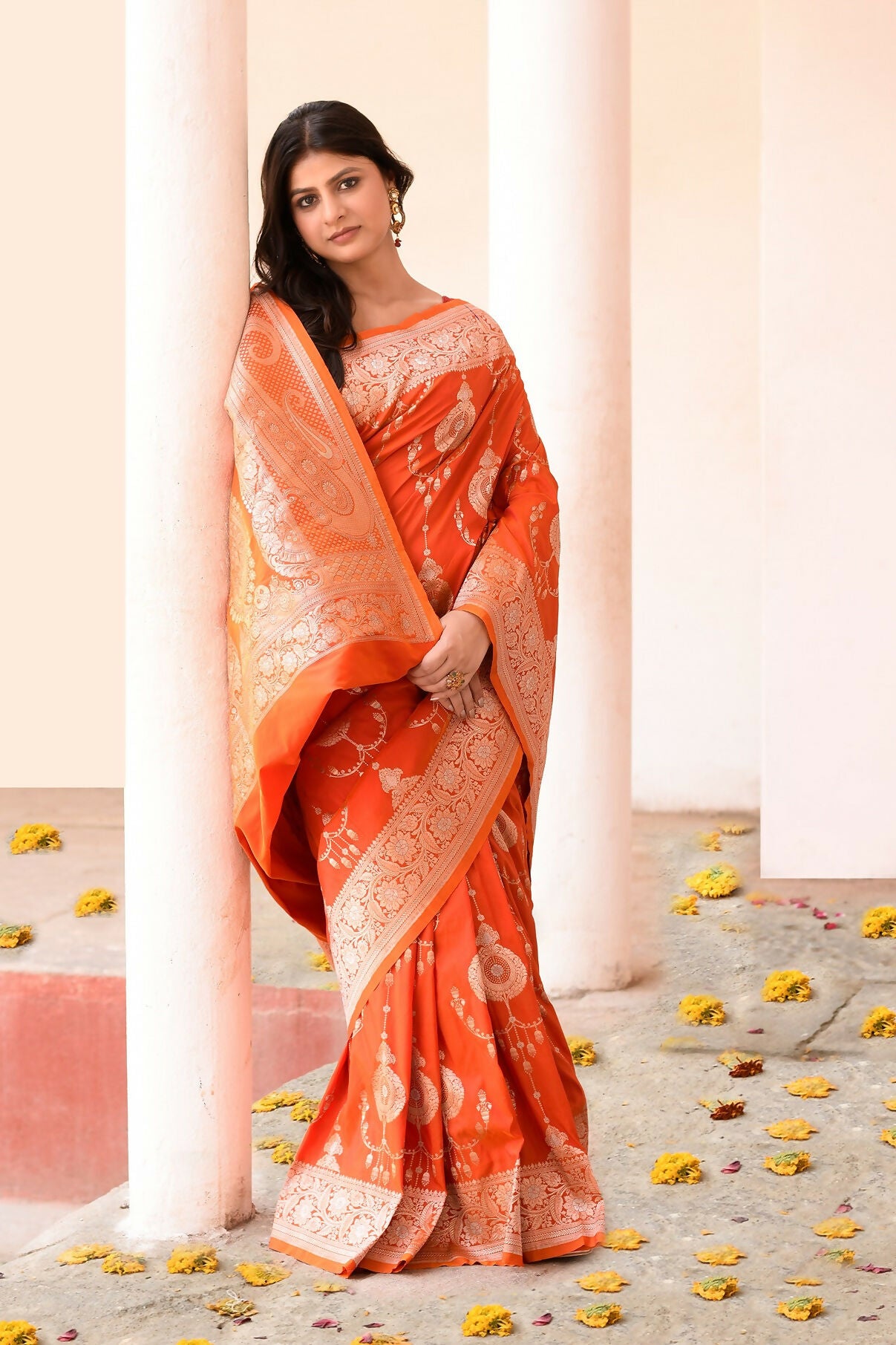 Joban Fashion Orange Banarasi Soft Pure Handloom Banarasi Silk Saree