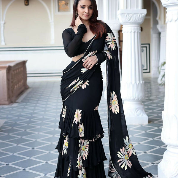 Exclusive Collection Black Party Wear Ruffle Georgette Saree