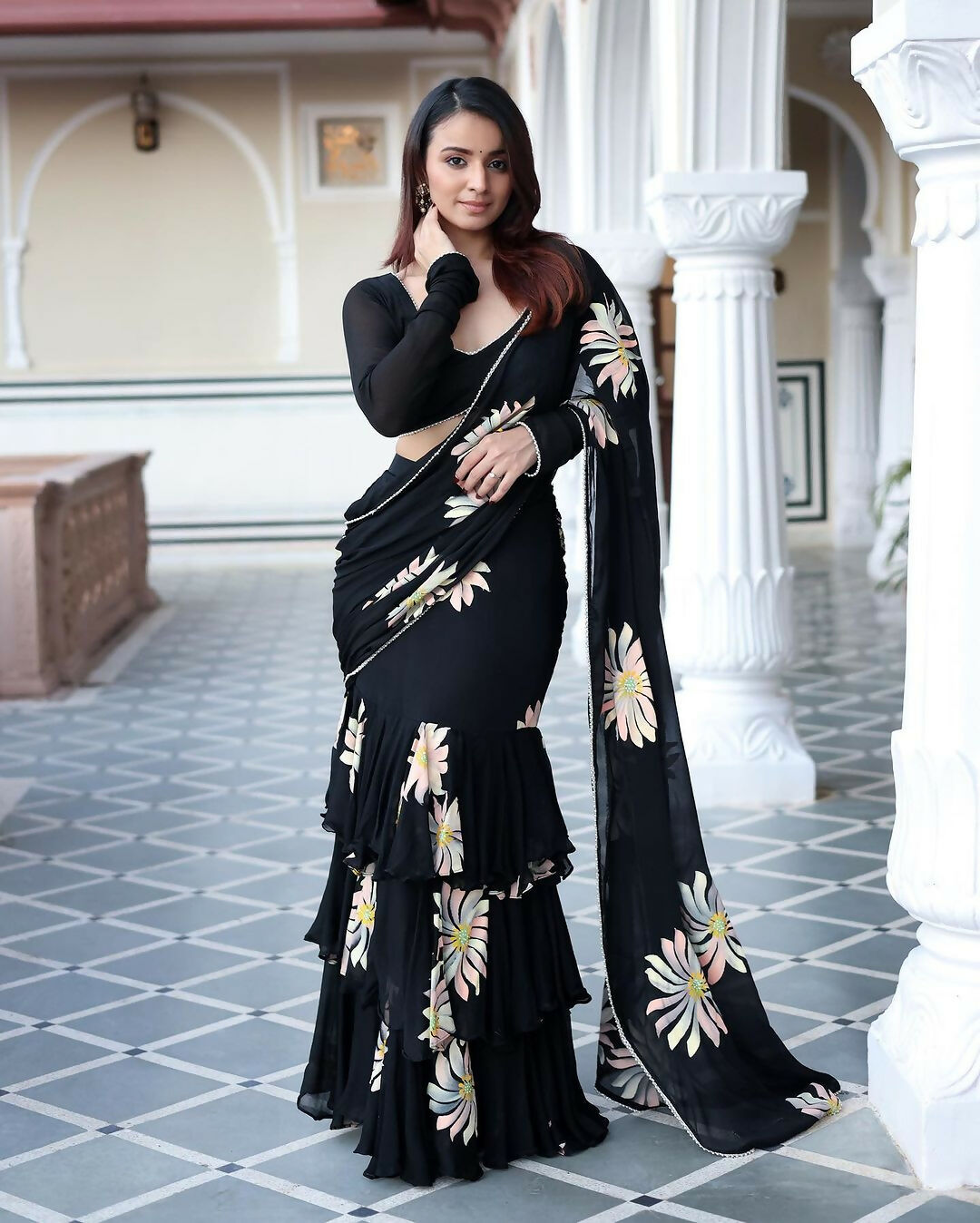 Exclusive Collection Black Party Wear Ruffle Georgette Saree - Dista