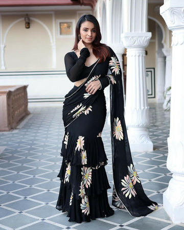 Exclusive Collection Black Party Wear Ruffle Georgette Saree - Dista