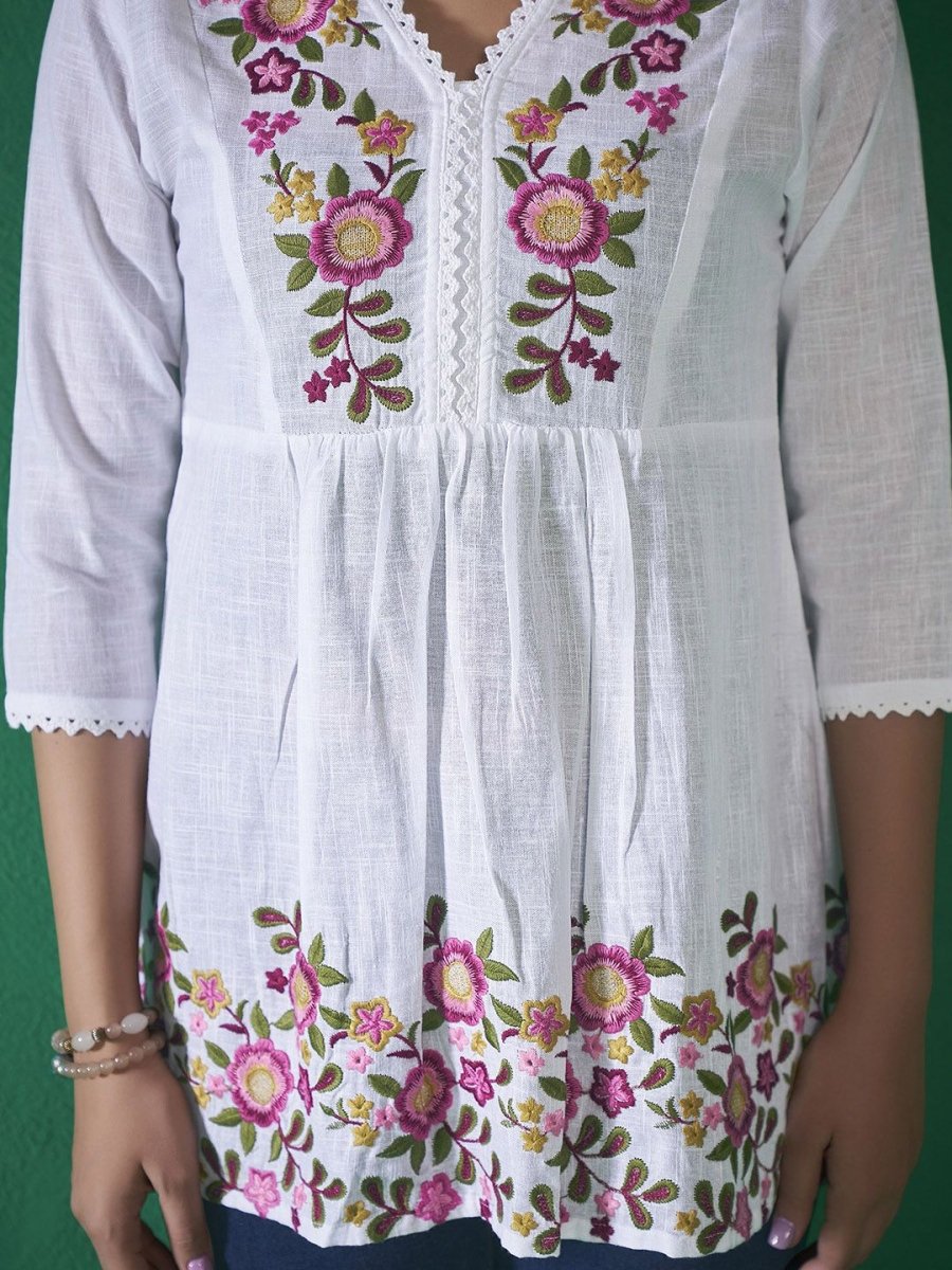 Anouk White and Pink Floral Embroidered Thread Work Cotton A-Line Kurta - Distacart