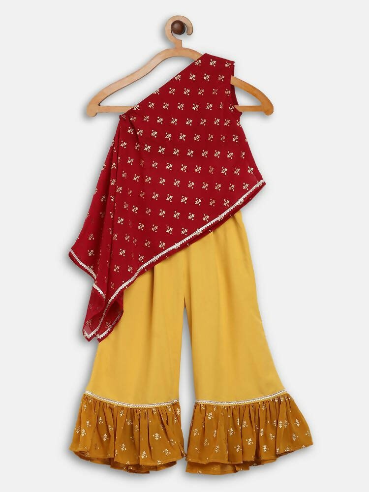 Ahalyaa Maroon Georgette Glitter Print Asymmetric Kids Kurta Palazzo Sets For Girls - Distacart