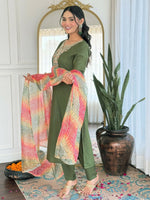 Thumbnail for Divine Drape Women's Rayon Embroidered Straight Kurta Pant With Dupatta - Mahendi