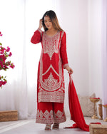 Thumbnail for Teeya Creation Red Color Vichitra Silk Heavy Embroidery Work Festival Wear Fully Stitched Salwar Suit