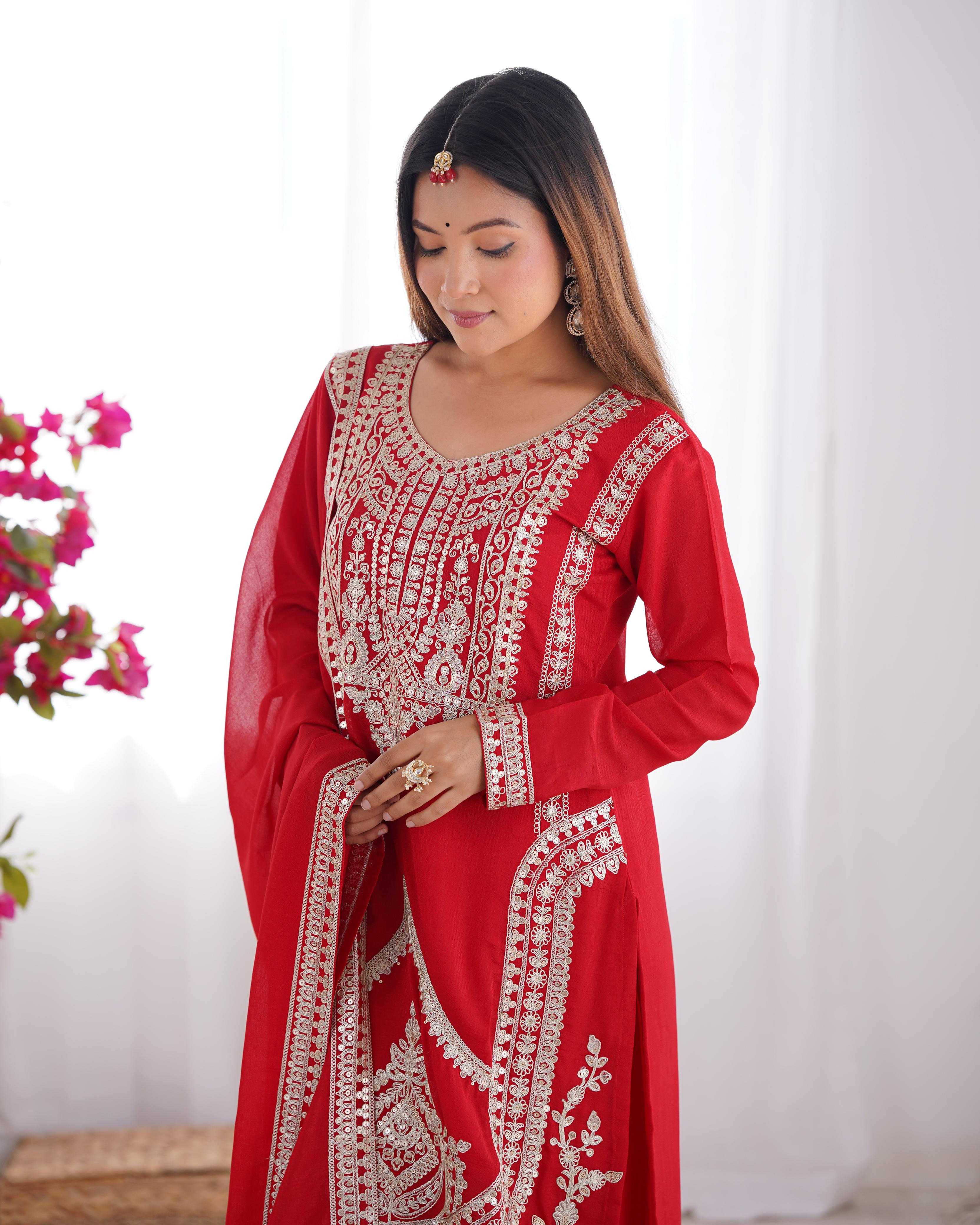 Teeya Creation Red Color Vichitra Silk Heavy Embroidery Work Festival Wear Fully Stitched Salwar Suit