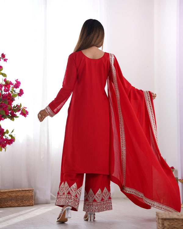Teeya Creation Red Color Vichitra Silk Heavy Embroidery Work Festival Wear Fully Stitched Salwar Suit