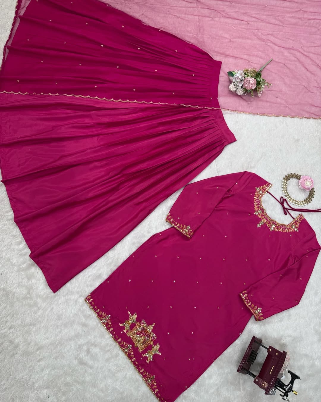 Pramukh Fab Rani Pink Color Creep Silk Kurta Lehenga Set