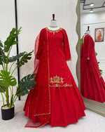 Thumbnail for Pramukh Fab Red Color Creep Silk Kurta Lehenga Set