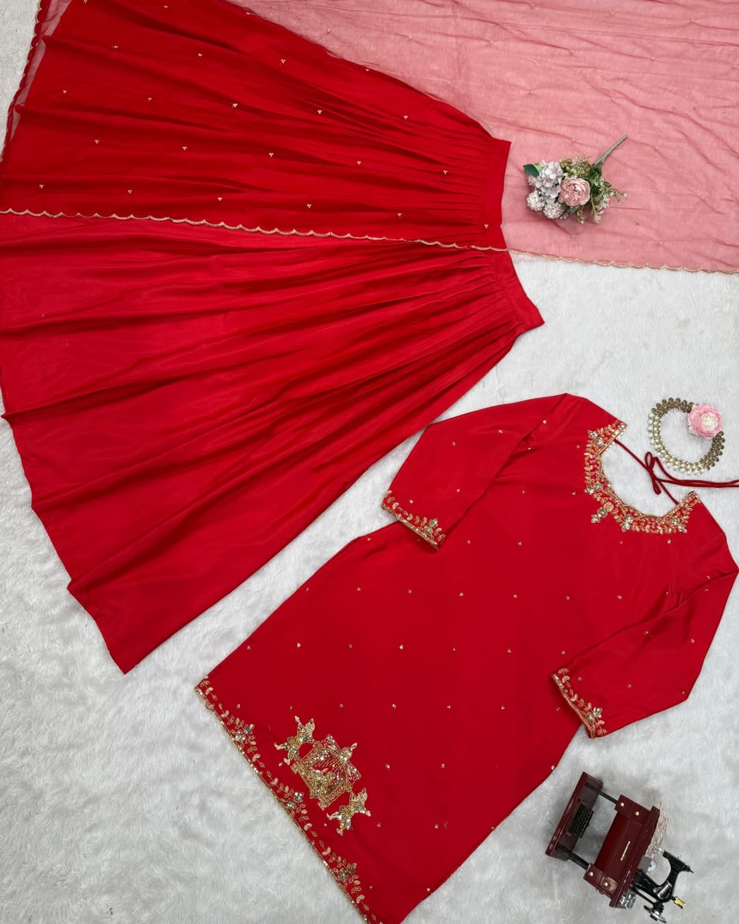 Pramukh Fab Red Color Creep Silk Kurta Lehenga Set