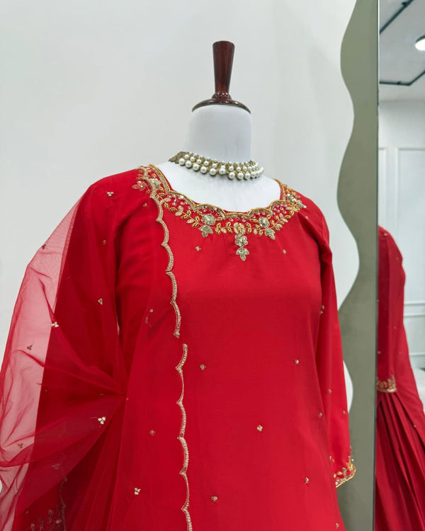 Pramukh Fab Red Color Creep Silk Kurta Lehenga Set