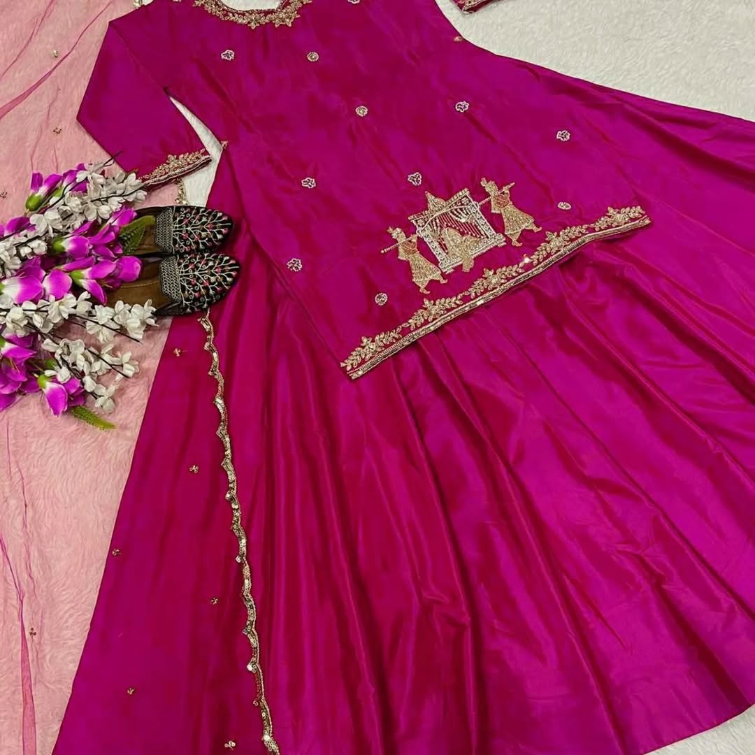Pramukh Fab Rani Pink Color Creep Silk Kurta Lehenga Set