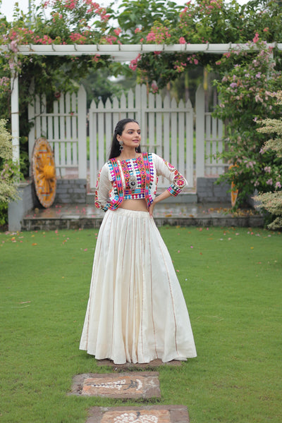 Evanik Navratri Off White Roamn Fabric With Kutchi Work Koti Style Blouse Stitched Lehenga Choli
