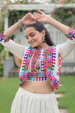 Thumbnail for Evanik Navratri Off White Roamn Fabric With Kutchi Work Koti Style Blouse Stitched Lehenga Choli