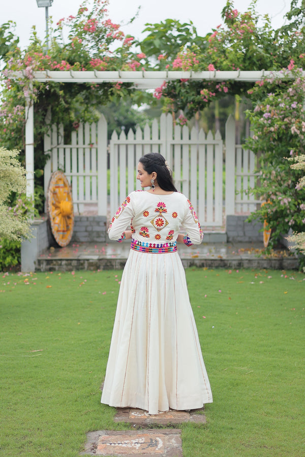 Evanik Navratri Off White Roamn Fabric With Kutchi Work Koti Style Blouse Stitched Lehenga Choli