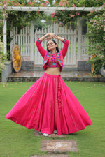 Thumbnail for Evanik Navratri Pink Roamn Fabric With Kutchi Work Koti Style Blouse Stitched Lehenga Choli