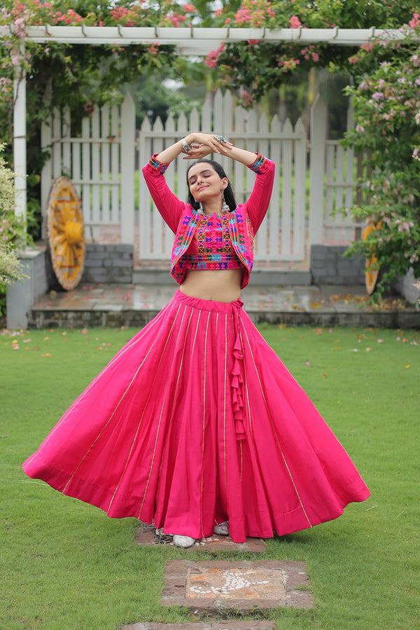 Evanik Navratri Pink Roamn Fabric With Kutchi Work Koti Style Blouse Stitched Lehenga Choli