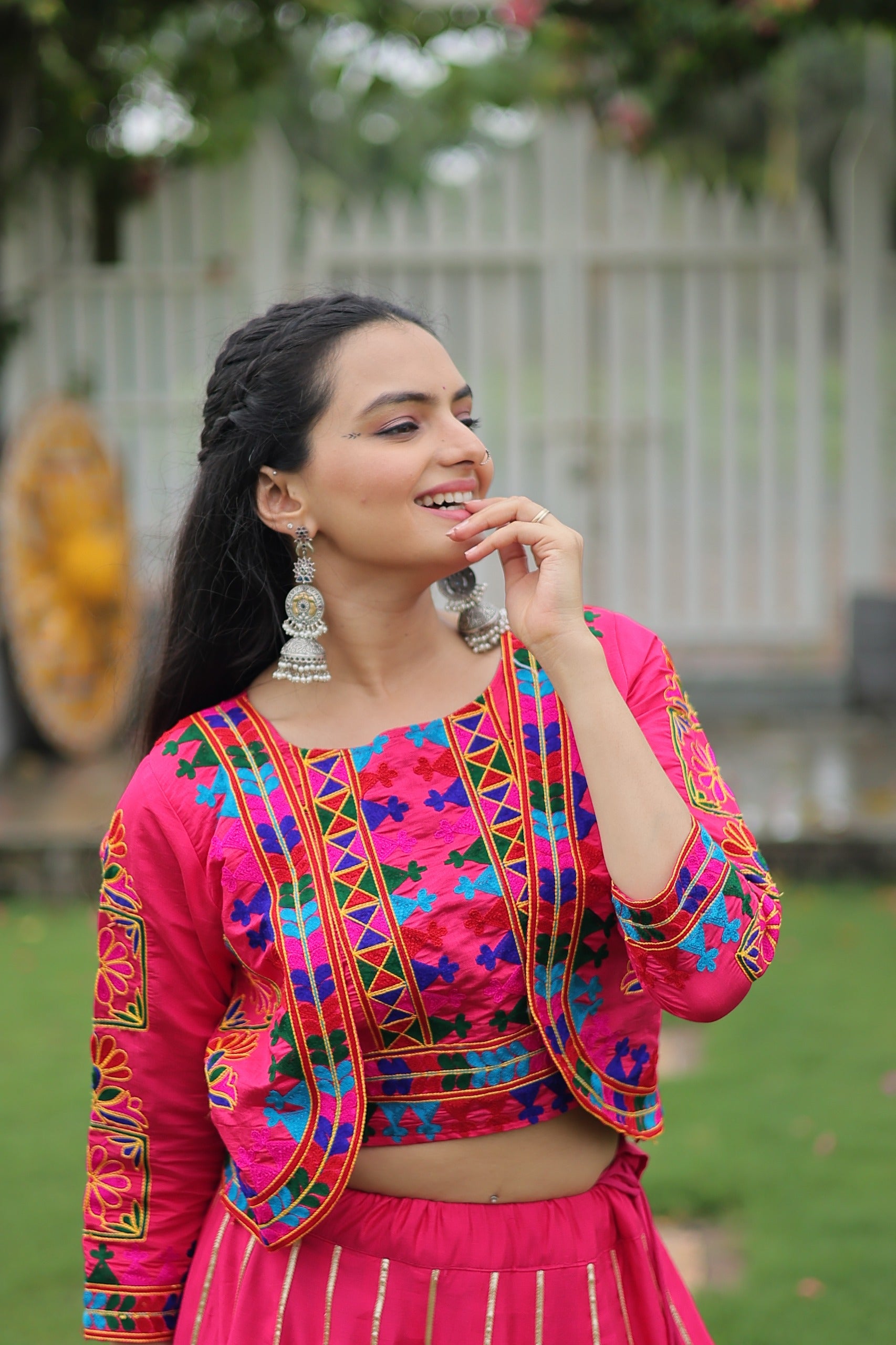 Evanik Navratri Pink Roamn Fabric With Kutchi Work Koti Style Blouse Stitched Lehenga Choli