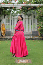 Thumbnail for Evanik Navratri Pink Roamn Fabric With Kutchi Work Koti Style Blouse Stitched Lehenga Choli