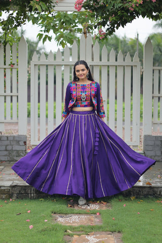 Evanik Navratri Purple Roamn Fabric With Kutchi Work Koti Style Blouse Stitched Lehenga Choli