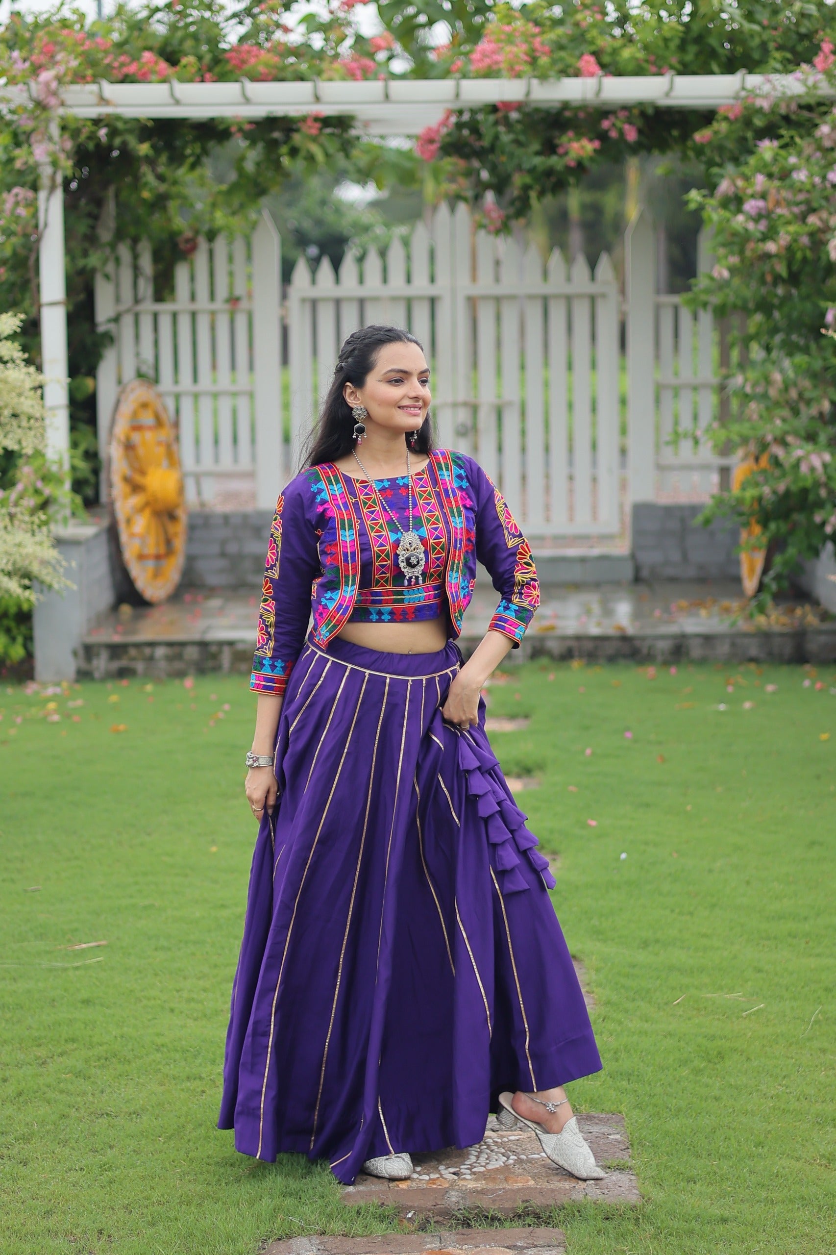 Evanik Navratri Purple Roamn Fabric With Kutchi Work Koti Style Blouse Stitched Lehenga Choli