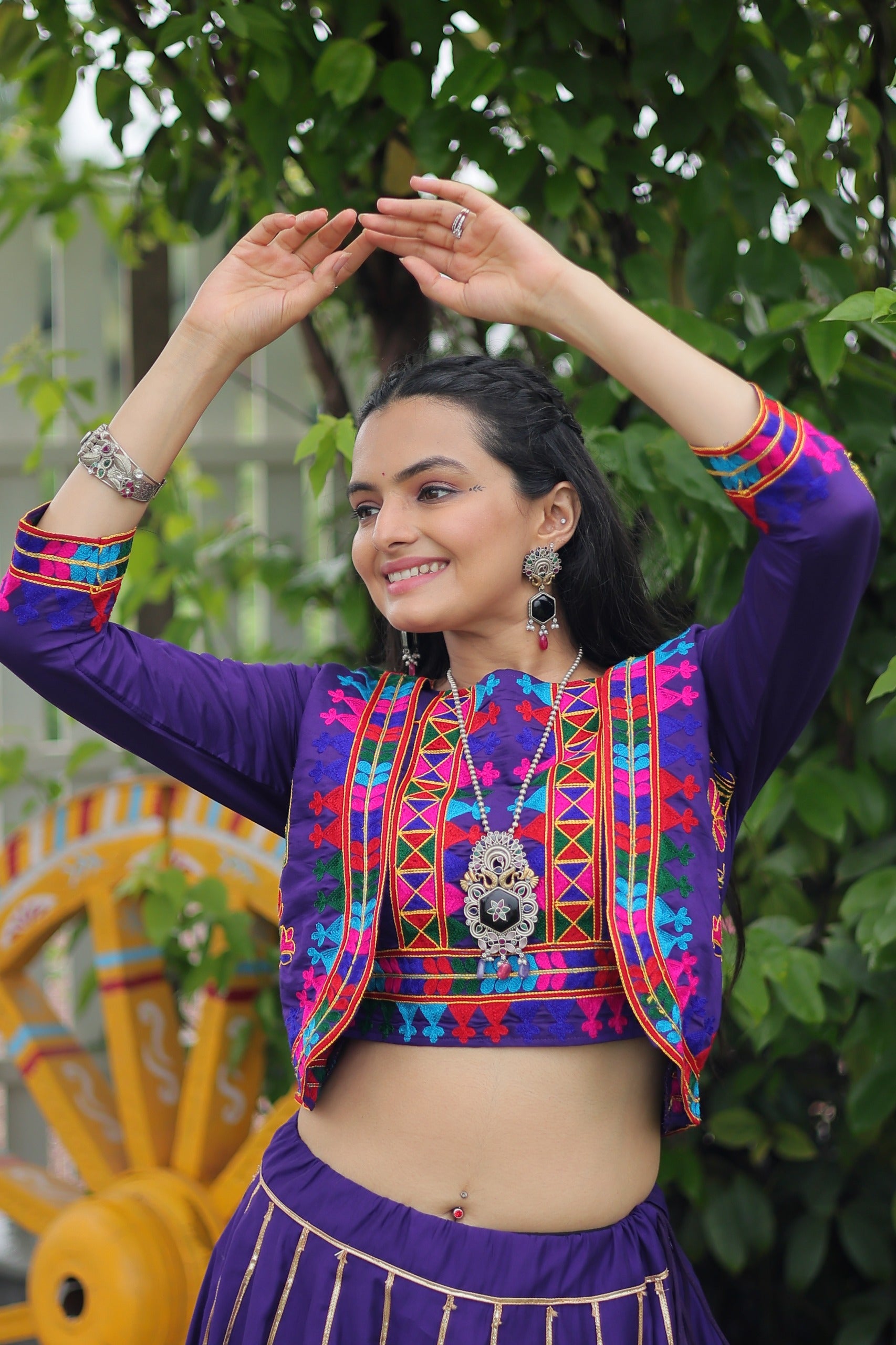 Evanik Navratri Purple Roamn Fabric With Kutchi Work Koti Style Blouse Stitched Lehenga Choli