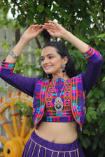 Thumbnail for Evanik Navratri Purple Roamn Fabric With Kutchi Work Koti Style Blouse Stitched Lehenga Choli
