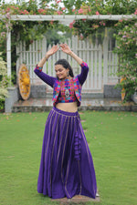 Thumbnail for Evanik Navratri Purple Roamn Fabric With Kutchi Work Koti Style Blouse Stitched Lehenga Choli