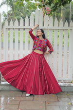 Thumbnail for Evanik Navratri Maroon Roamn Fabric With Kutchi Work Koti Style Blouse Stitched Lehenga Choli