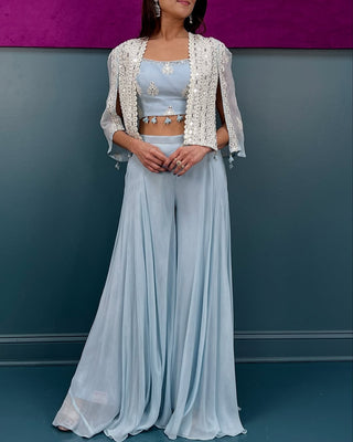 Pramukh Fab Sky Blue Color Faux Georgette Koti Blouse Suit Set