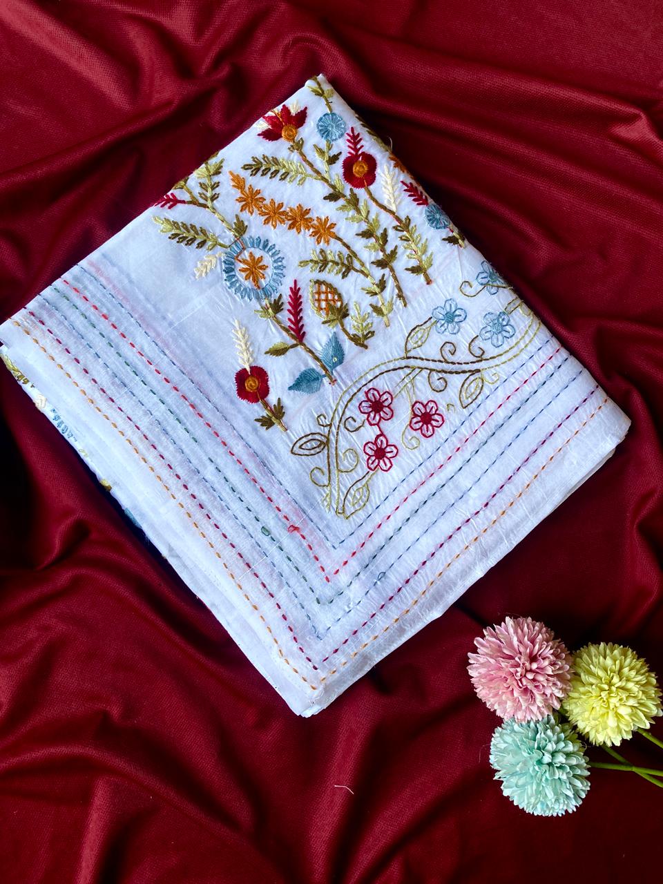 Mameraa Sarees White Pure Loom Tussar Saree With All Over Designer Embroidery-White - Dista