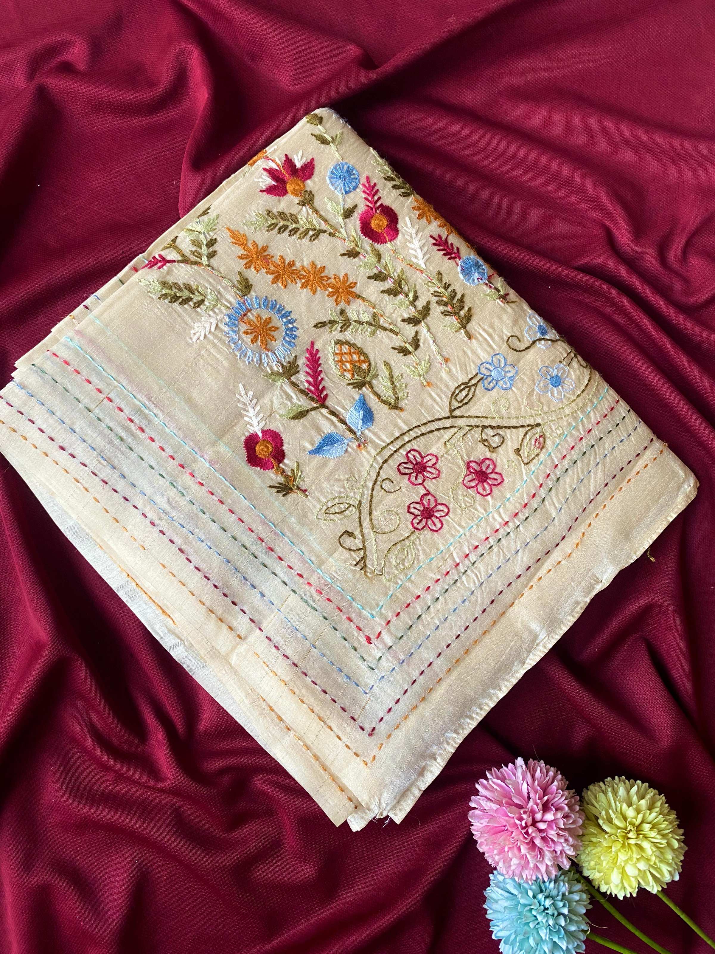 Mameraa Sarees Cream Pure Loom Tussar Saree With All Over Designer Embroidery-Cream - Dista