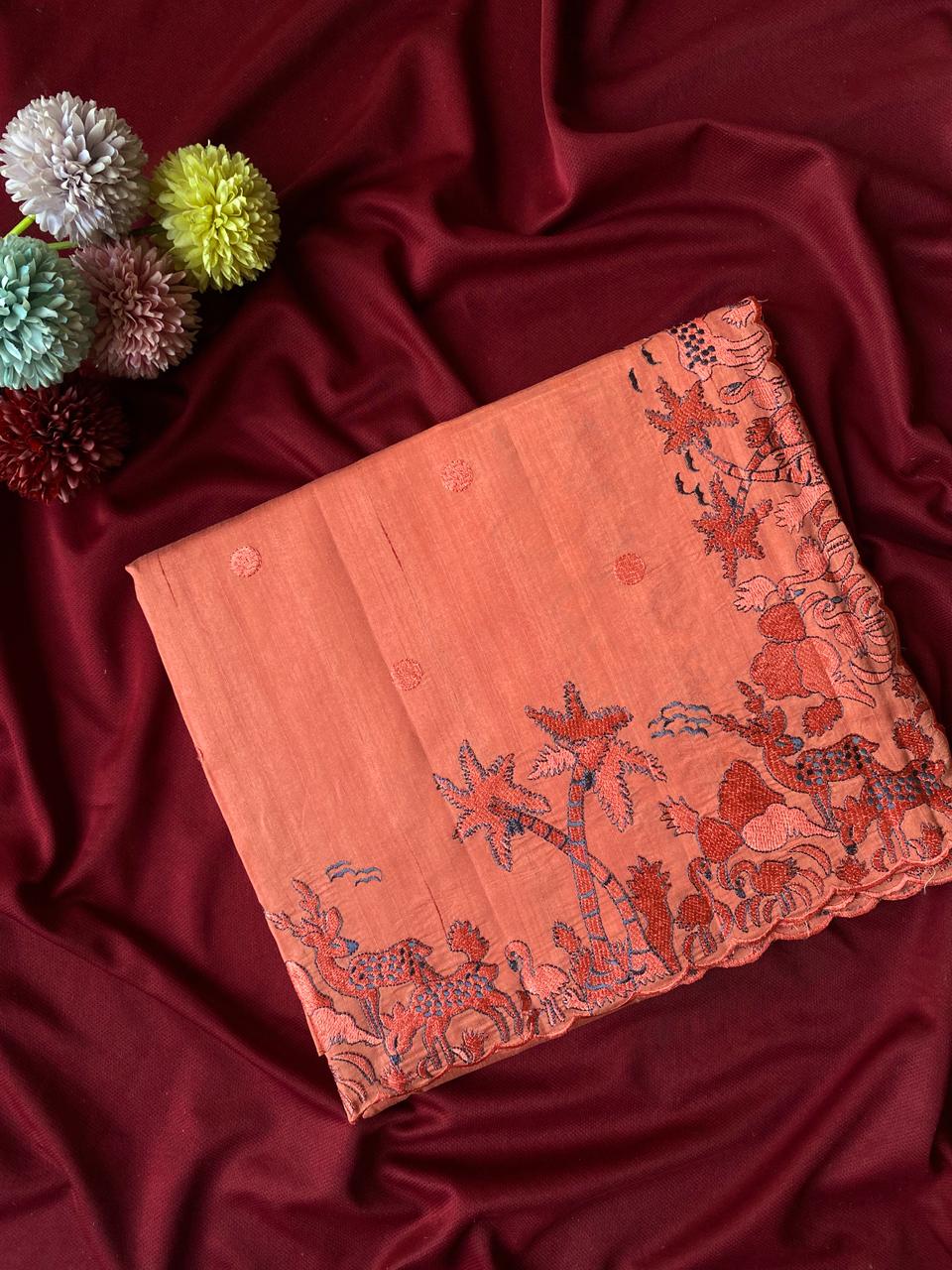 Mameraa Sarees Orange Matka Silk Saree With Heavy Floral Embroidery Border With Running Blouse-Orange - Dista