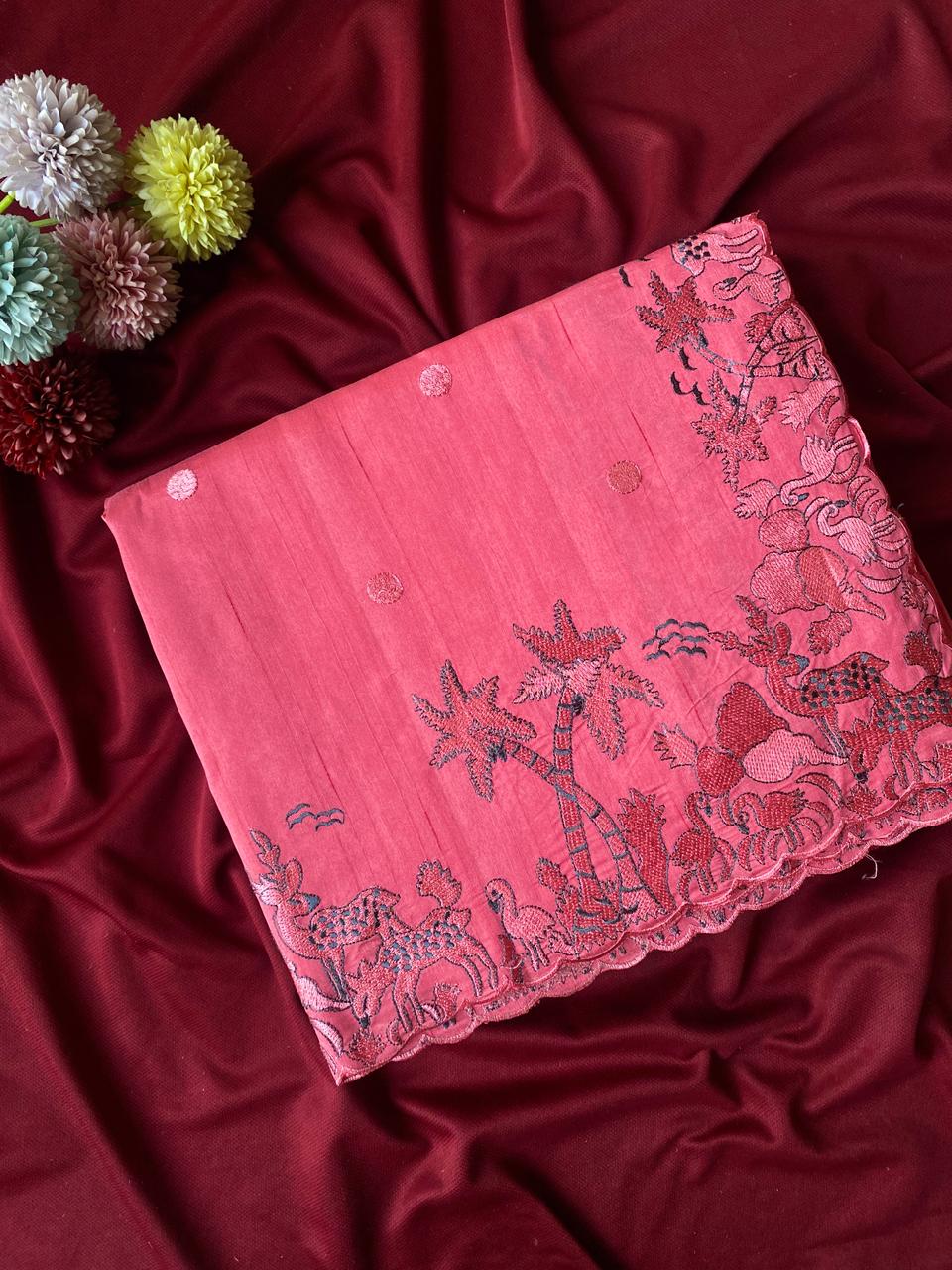 Mameraa Sarees Pink Matka Silk Saree With Heavy Floral Embroidery Border With Running Blouse-Pink - Dista
