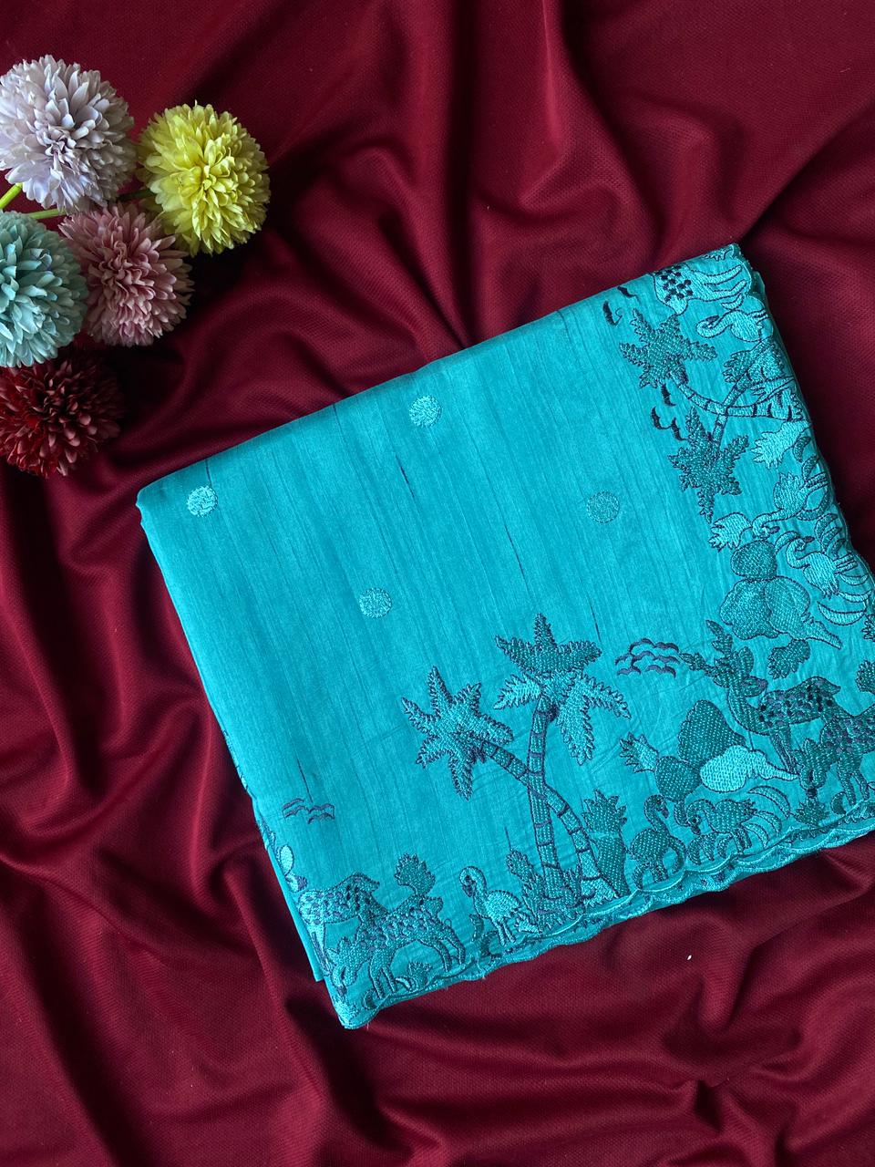 Mameraa Sarees Teal Matka Silk Saree With Heavy Floral Embroidery Border With Running Blouse-Teal - Dista