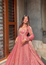 Thumbnail for Yash Enterprise Peach Fendy Silk Party Wear Embroidery Suit Set - Distacart