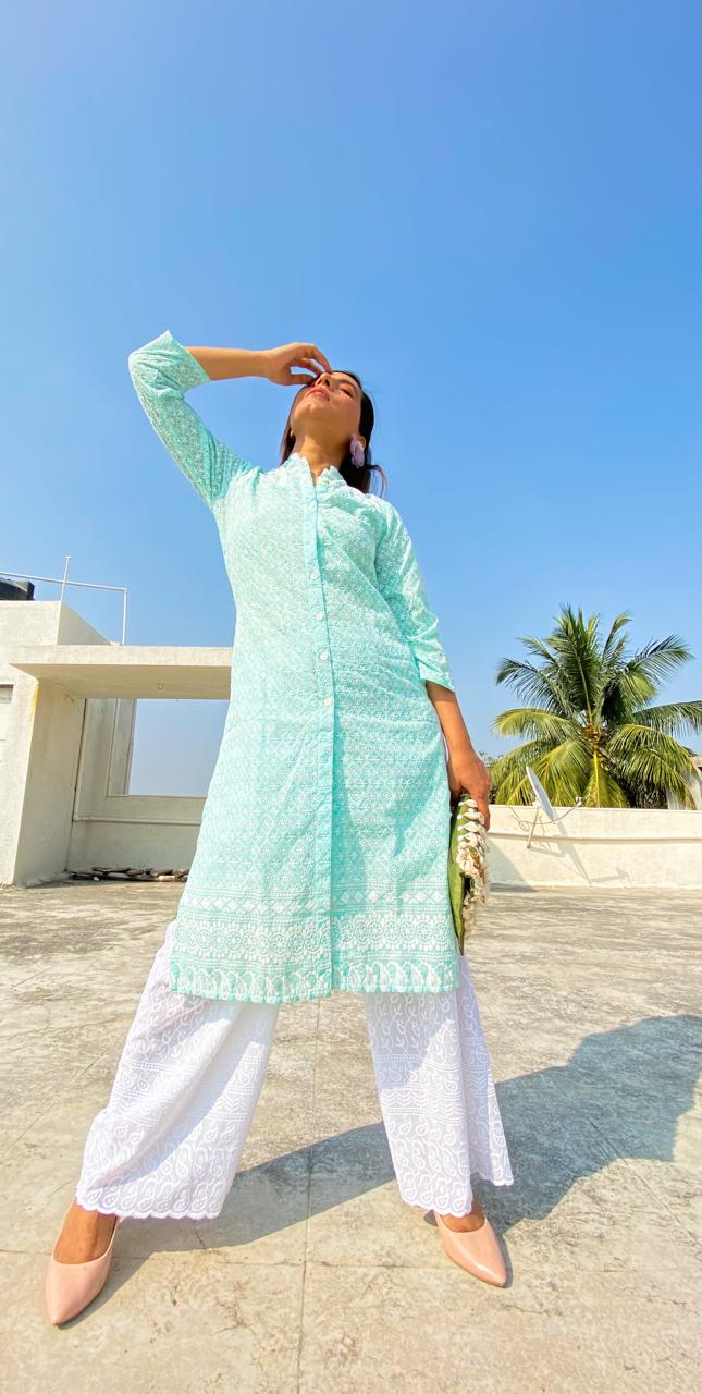 Jompers Women's Sky Blue & White Chikankari Embroidered Kurta with Palazzos - Distacart